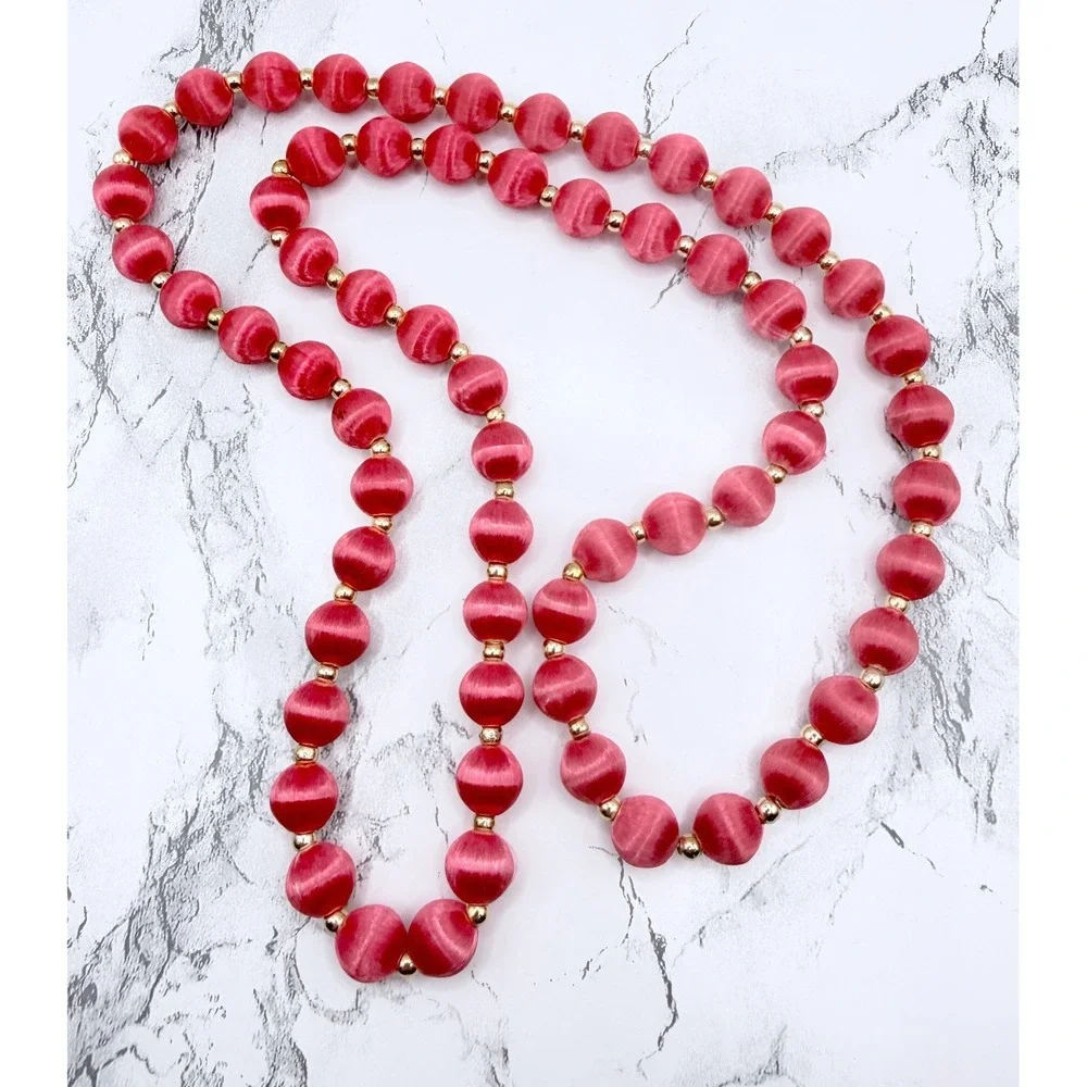 Vintage Coral Pink Fabric Wrapped Bead Necklace Gold Spacers 30